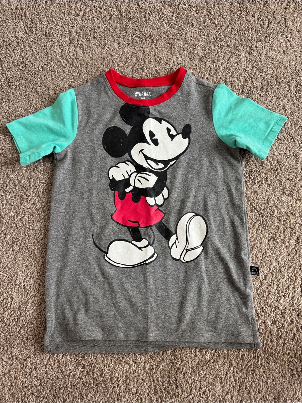 RAGS Kids Mickey Mouse Short Sleeve Tee - Gray with Aqua Sleeves